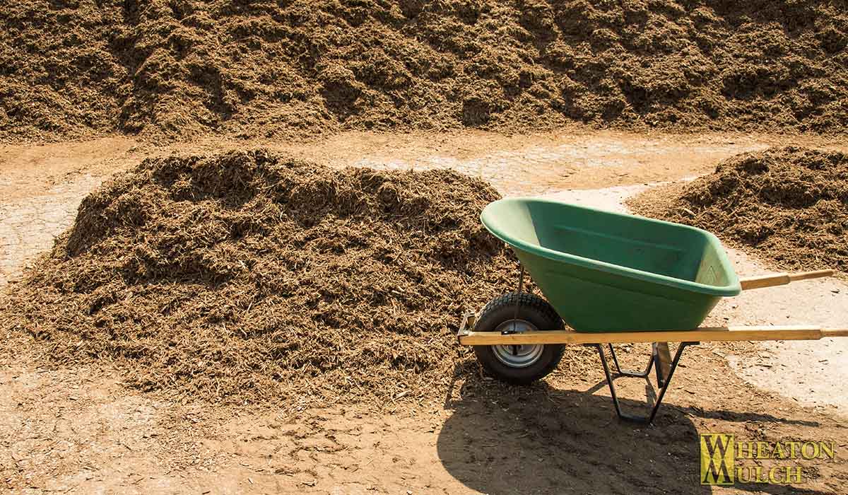 Two cubic yards of mulch next to a six cubic foot wheelbarrow for size comparison