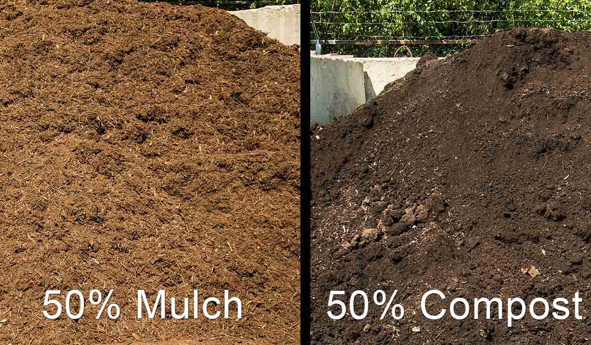 Premium shredded hardwood bark mulch blended 50-50 with compost