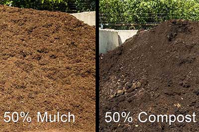 Premium shredded hardwood bark mulch blended 50-50 with compost