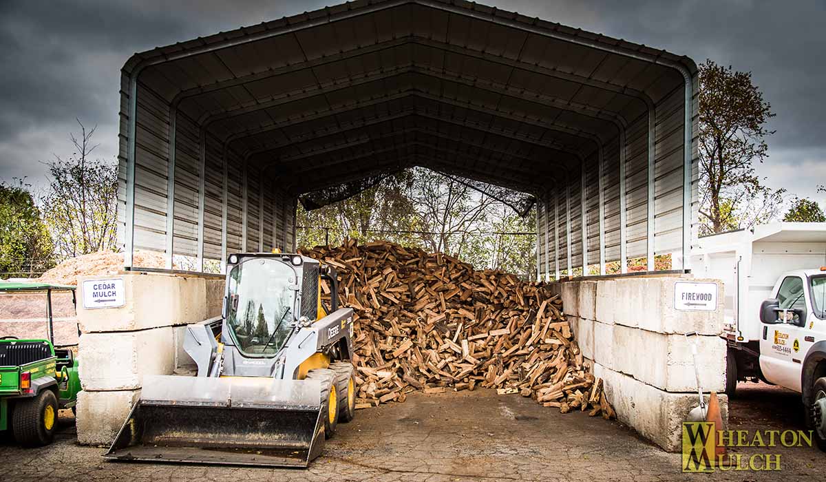 Split firewood stored under cover at the yard