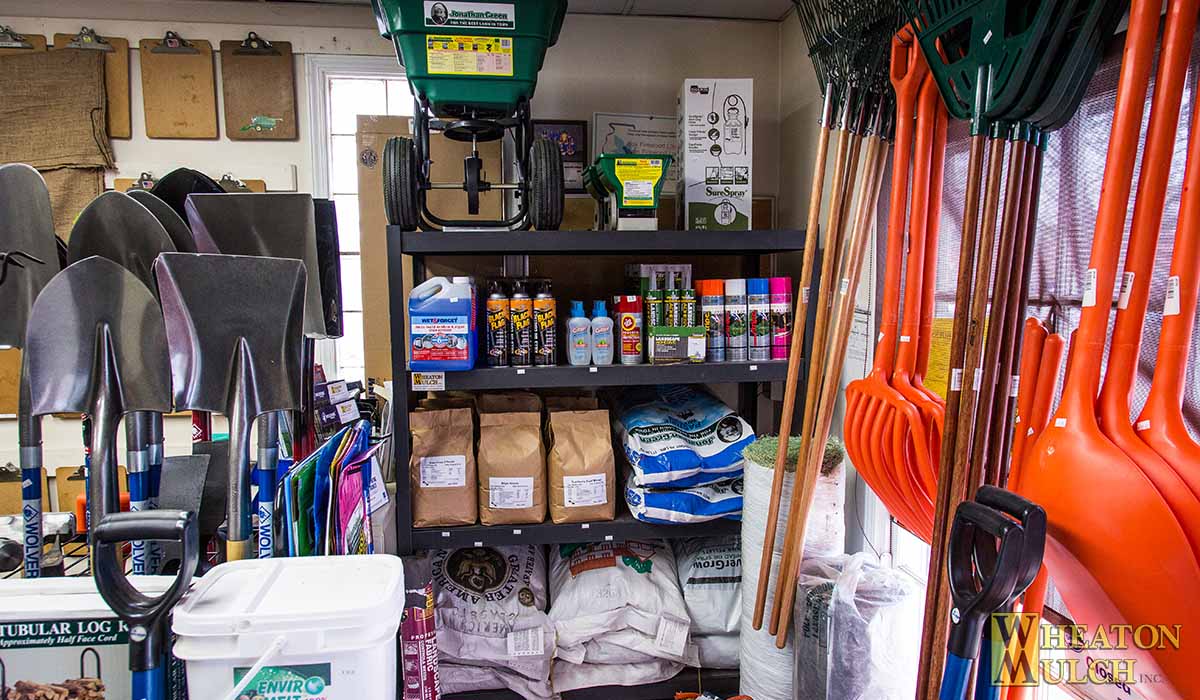 Inside our building: tools, grass seed, fertilizer and lawn products