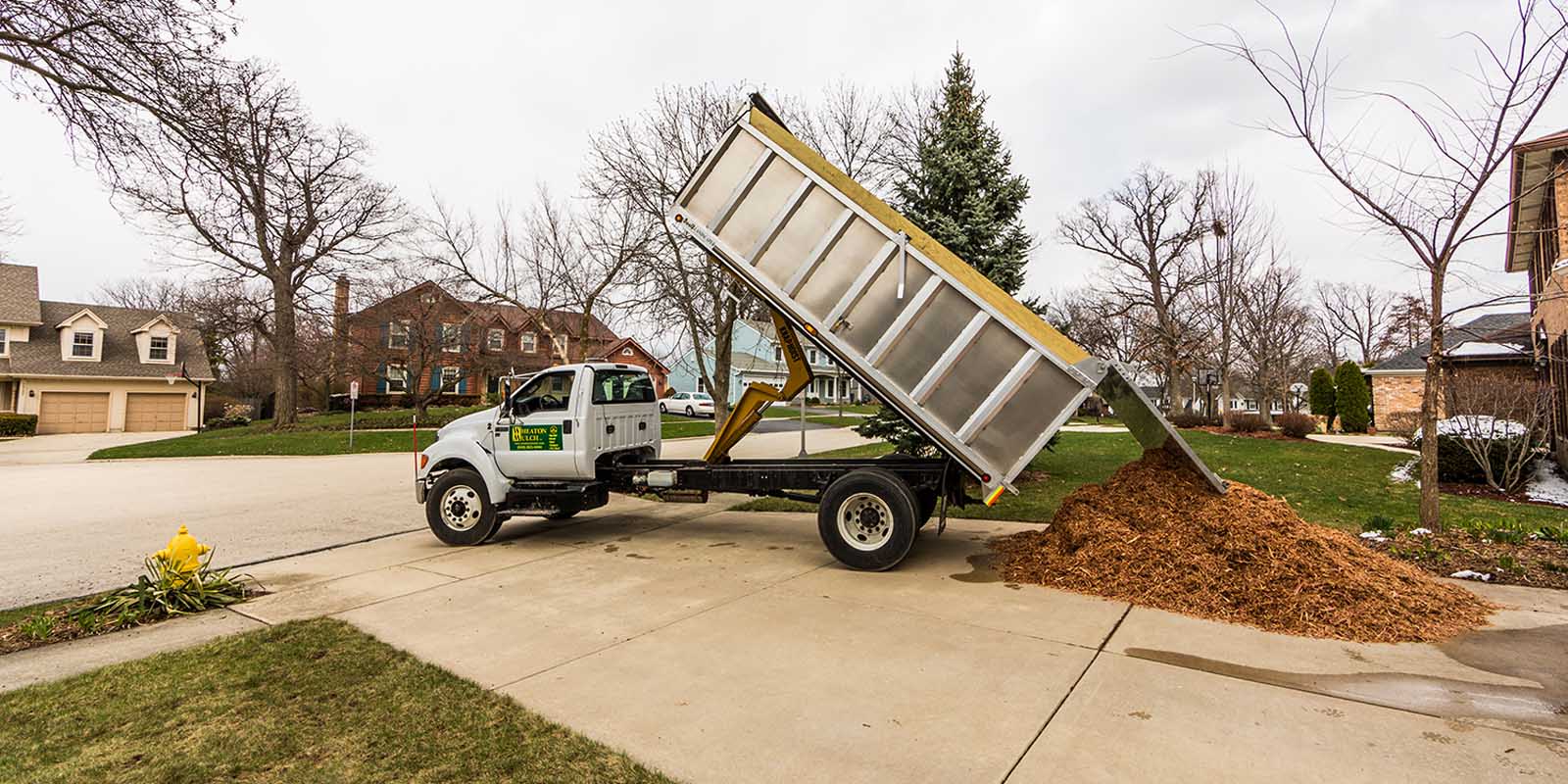 A load of mulch delivered onto a residential driveway